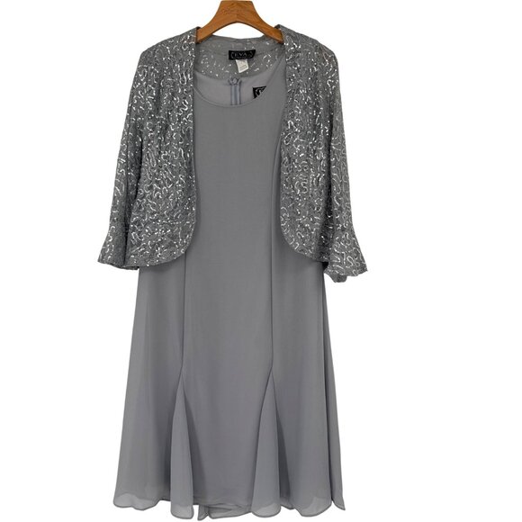 eva Elegant Gray Chiffon Dress Sequined Jacket Set  Womens Size large Formal - Picture 2 of 5